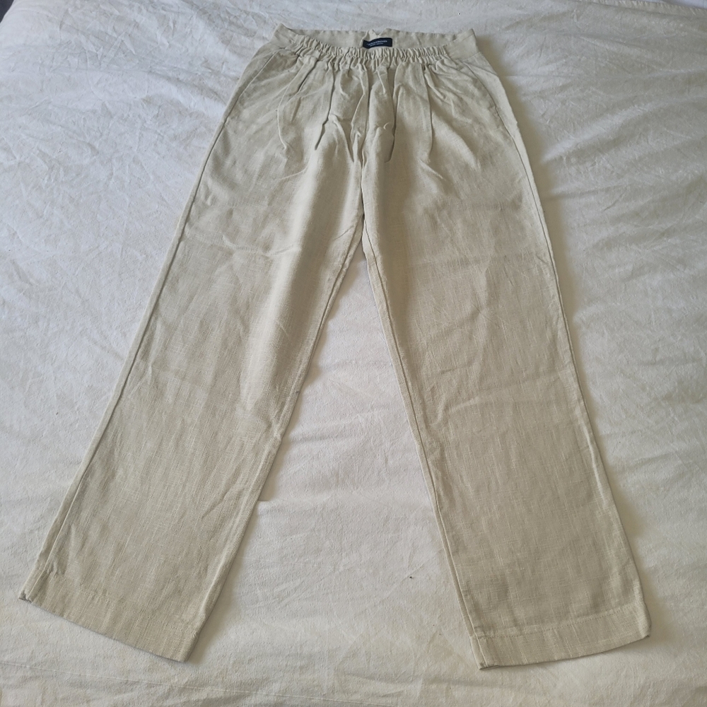Cecilia Sorensen Linen Pants Straight Leg Elastic Waist Pockets Size Med Beige